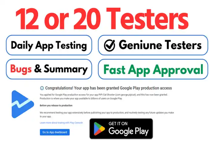 I can provide 12 testers for google play closed testing 14 days