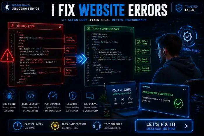 I can website bug fixing, speed optimization and error solving in 24 hours