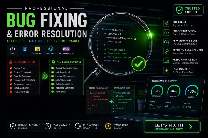 I can website bug fixing, speed optimization and error solving in 24 hours