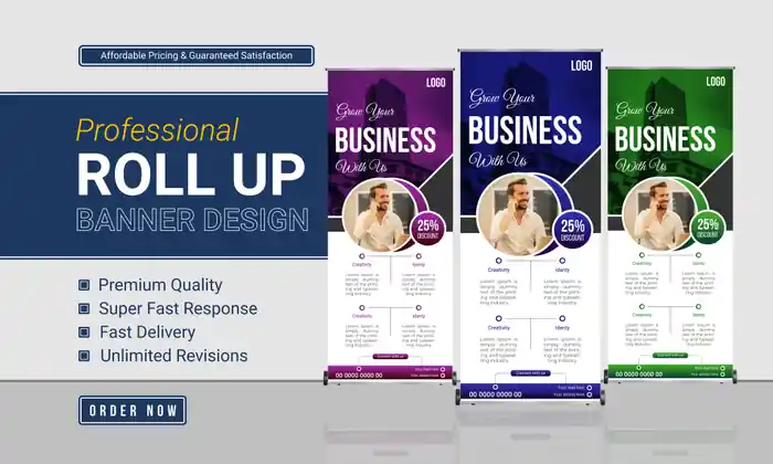 I can do roll up, pull up or retractable banner ads and signage design