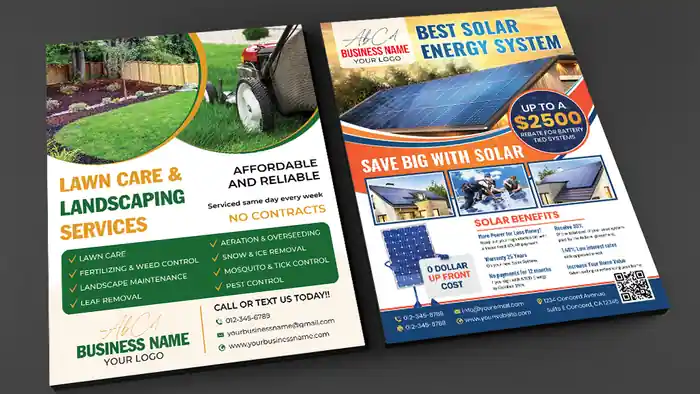 I can design flyer, postcard, for solar, lawn care, pressure washing, dental