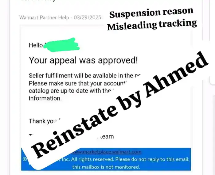 I can Walmart seller account all types of suspension services available.