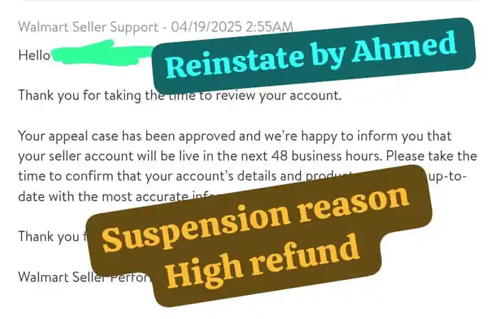 I can Walmart seller account all types of suspension services available.